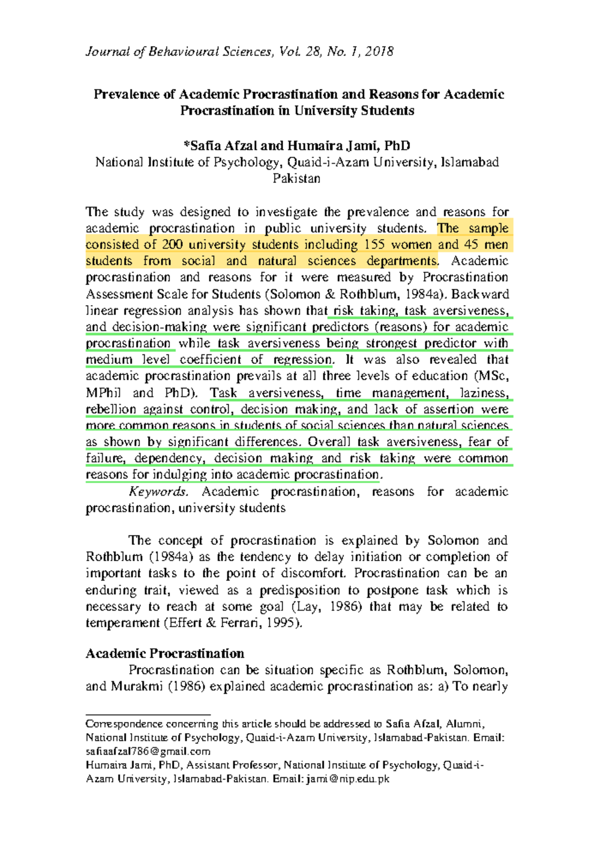Prevalence of academic procrastination a journal of behavioural