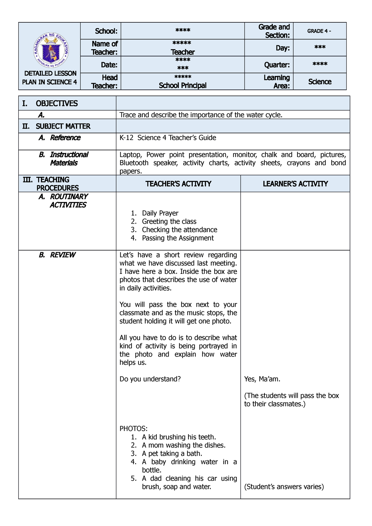 Water Cycle - this can use for deminstration - DETAILED LESSON PLAN IN SCIENCE 4 School ...