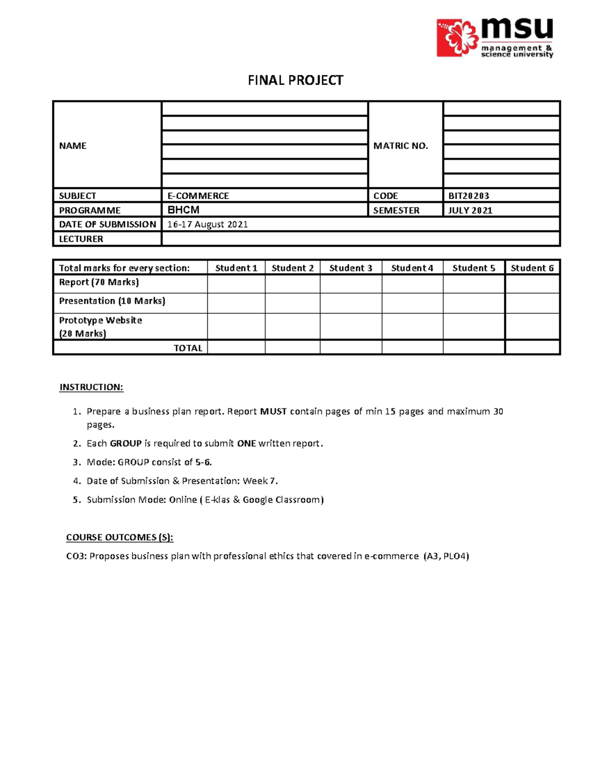 Final Project Assestment human resourse - FINAL PROJECT NAME MATRIC NO ...