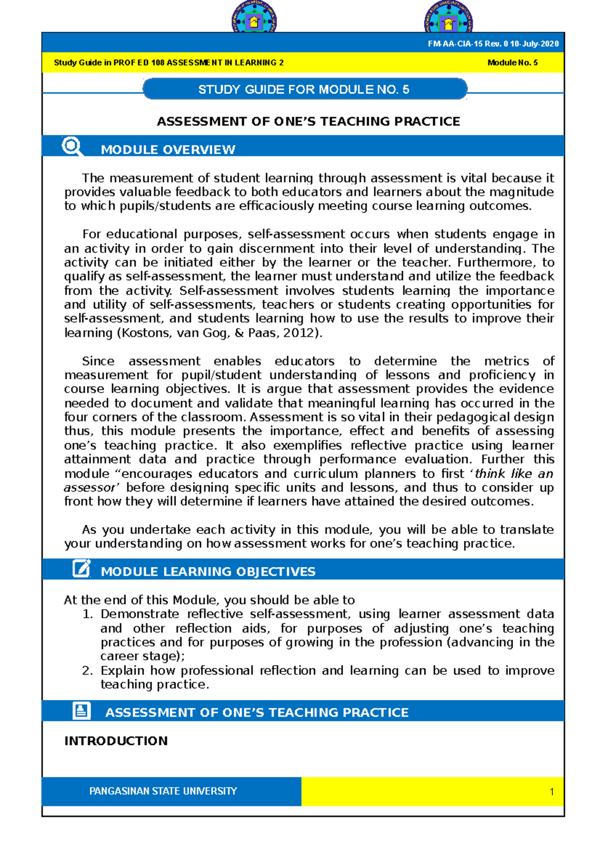 SG 5 Prof Ed 108 - najabdjsab - ASSESSMENT OF ONE’S TEACHING PRACTICE ...