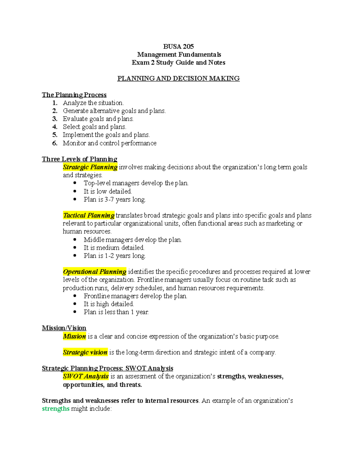 BUSA205 Exam 2 Study Guide - BUSA 205 Management Fundamentals Exam 2 ...