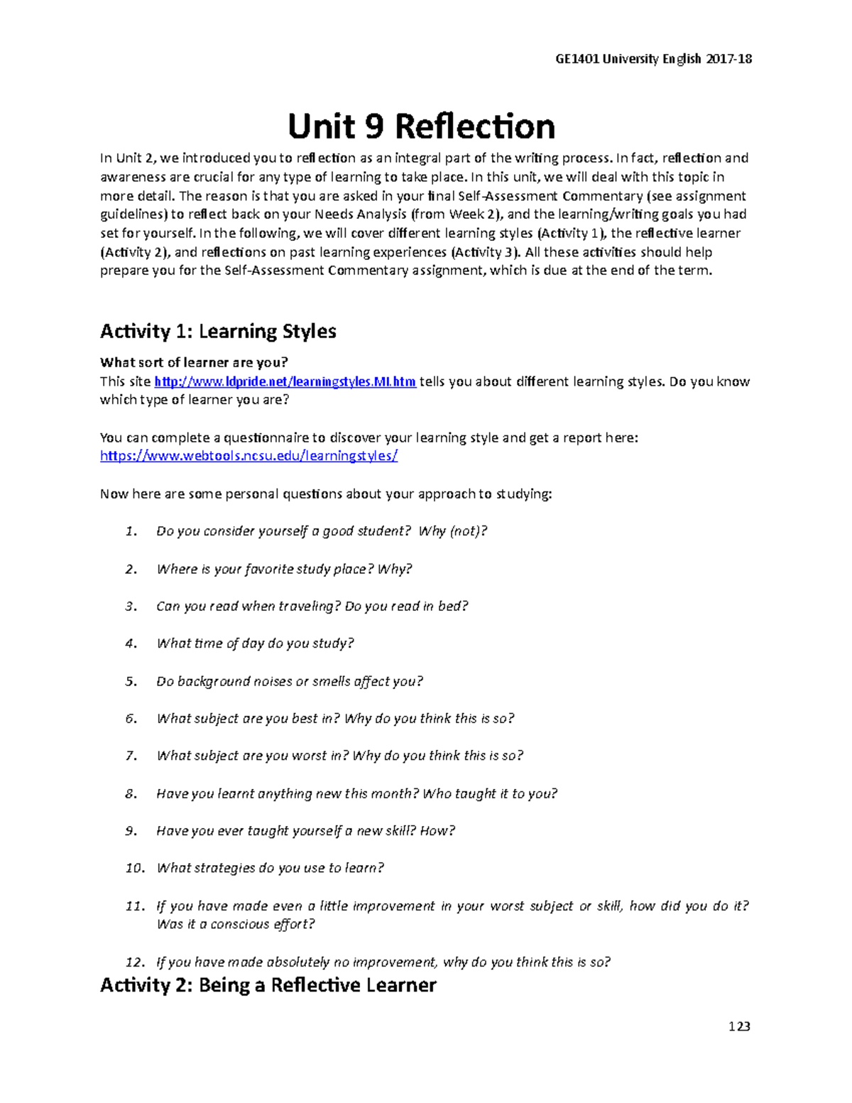 Unit 9 Reflective Writing - GE1401 University English 2017-18 Unit 9 ...