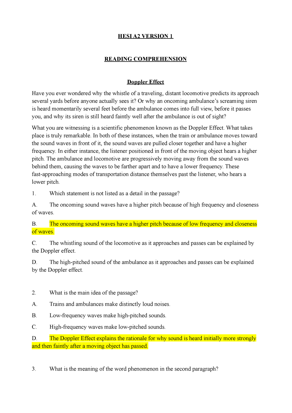 Copy of HESI A2 EXAM HESI A2 VERSION 1 READING COMPREHENSION Doppler