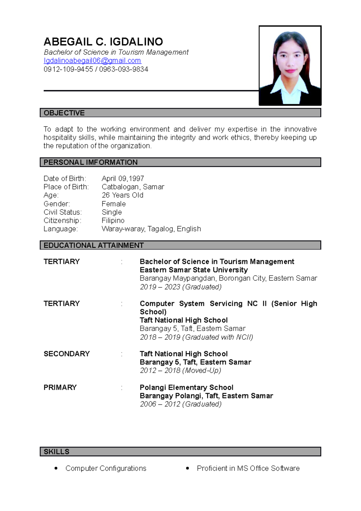 Sample resume for on-the-jon training - ABEGAIL C. IGDALINO Bachelor of ...