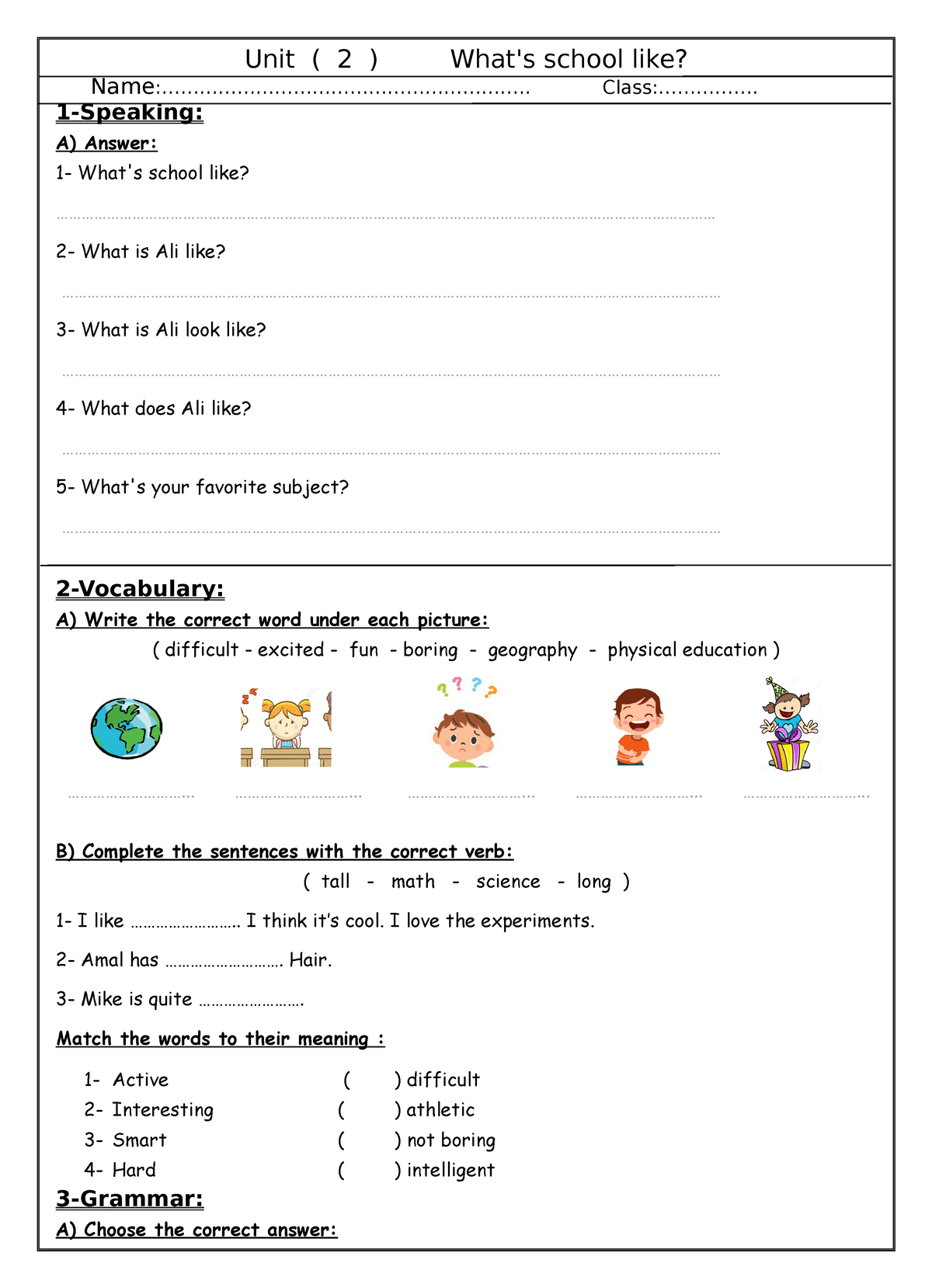 Unit 2 - model english test exercises - Unit ( 2 ) What's school like ...