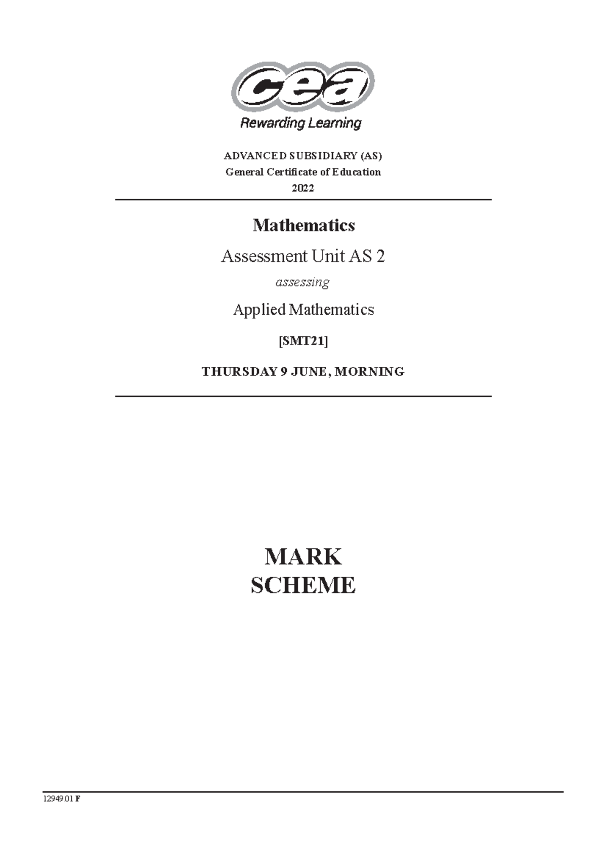 GCE-Maths 2022-AS 2, Applied Mathematics-MS - MARK SCHEME ADVANCED ...