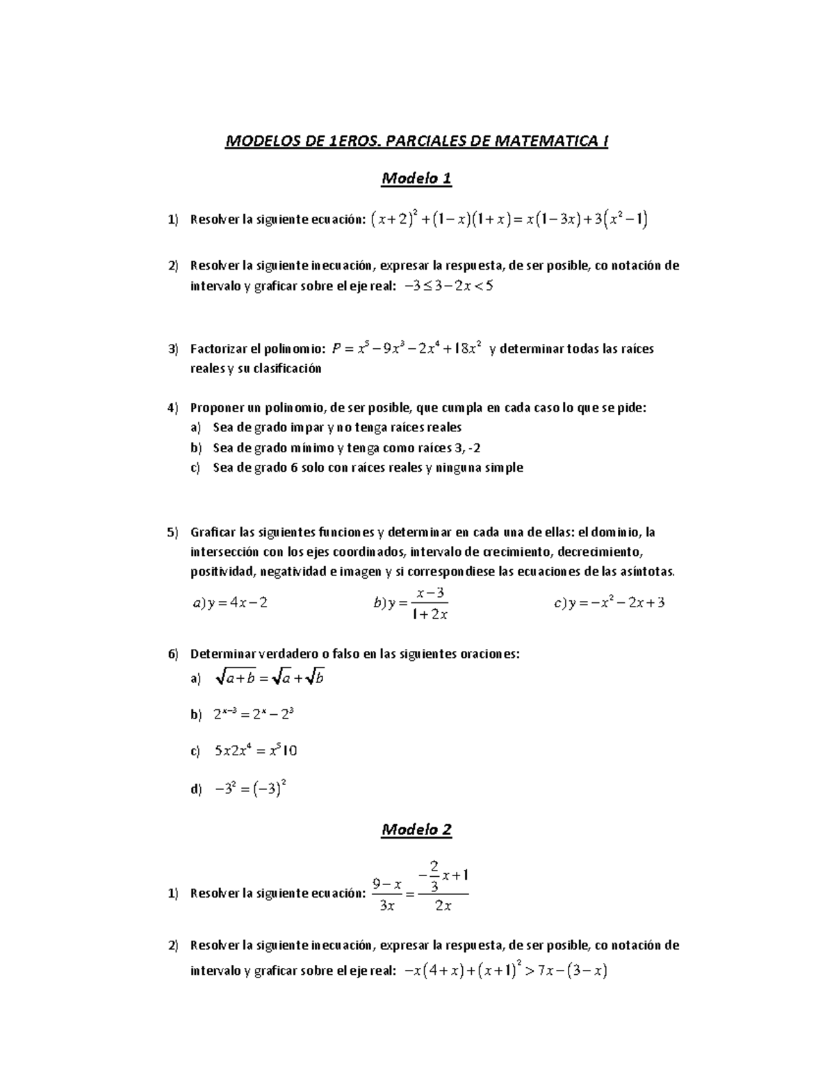 Modelos De 1eros. Parciales De Mate I - MODELOS DE 1EROS. PARCIALES DE ...