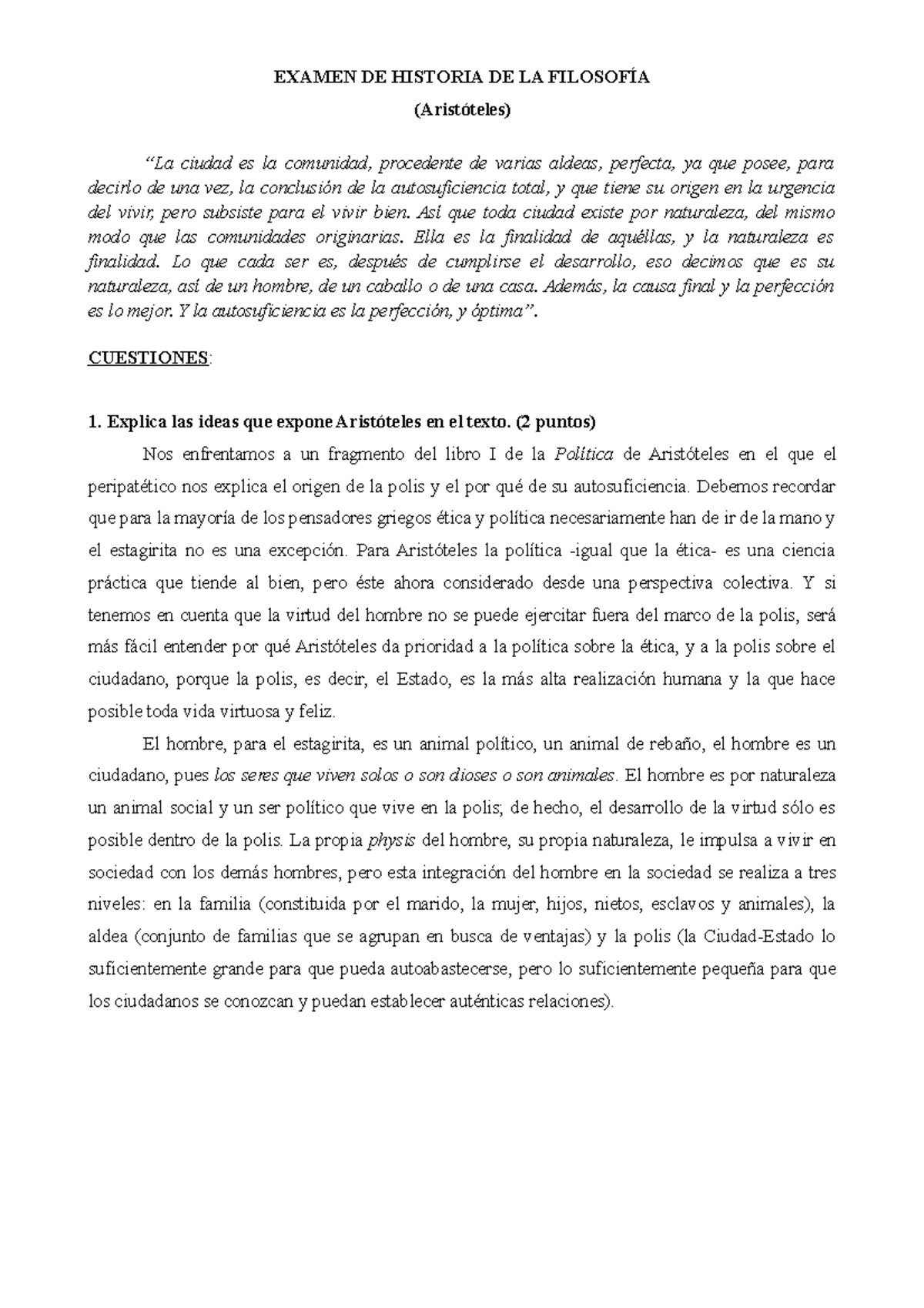 Examen-DE- Aristo Teles- Resuelto - EXAMEN DE HISTORIA DE LA FILOSOFÍA ...