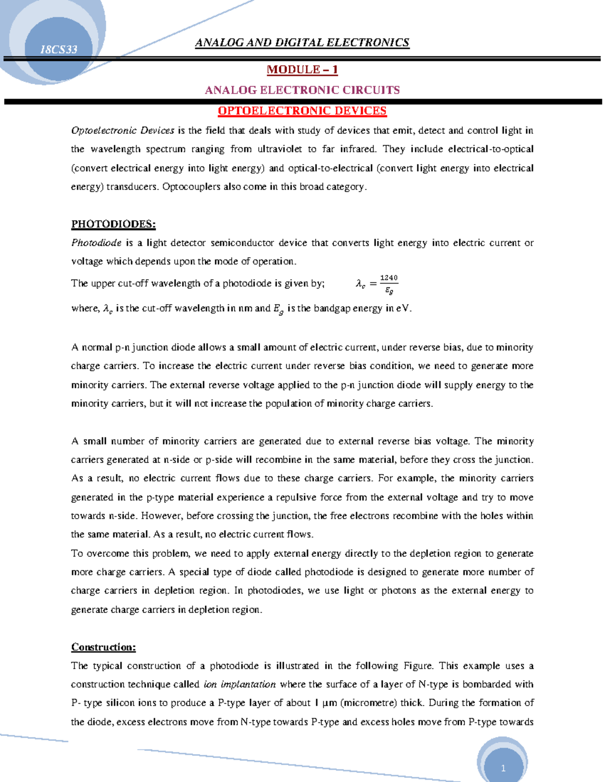 ADE Mod1@Az Documents - MODULE – 1 ANALOG ELECTRONIC CIRCUITS ...