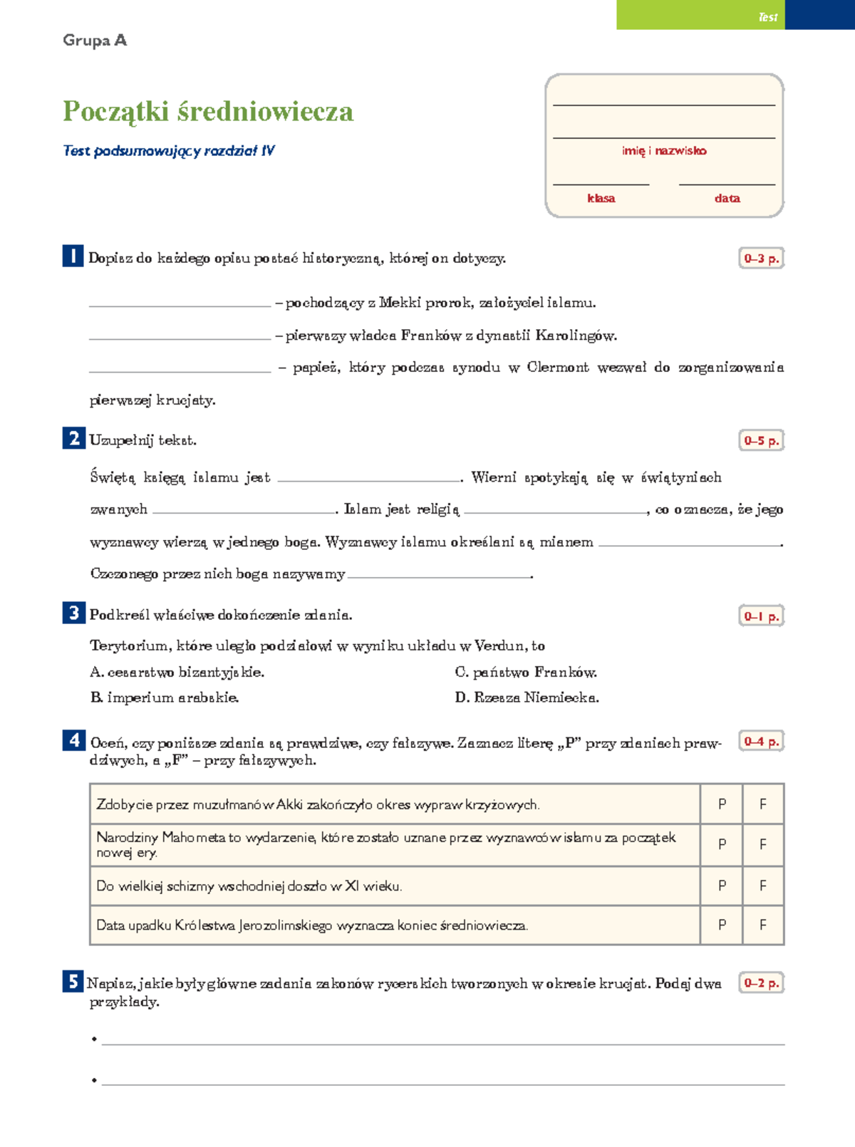 4-poczatki-sredniowiecza-test-gr-a Compress - Test Grupa A 0–4 P. Imię ...