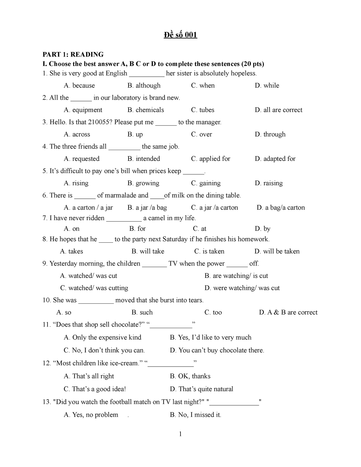 Test001 - Free - Đề Số 001 PART 1: READING I. Choose The Best Answer A ...