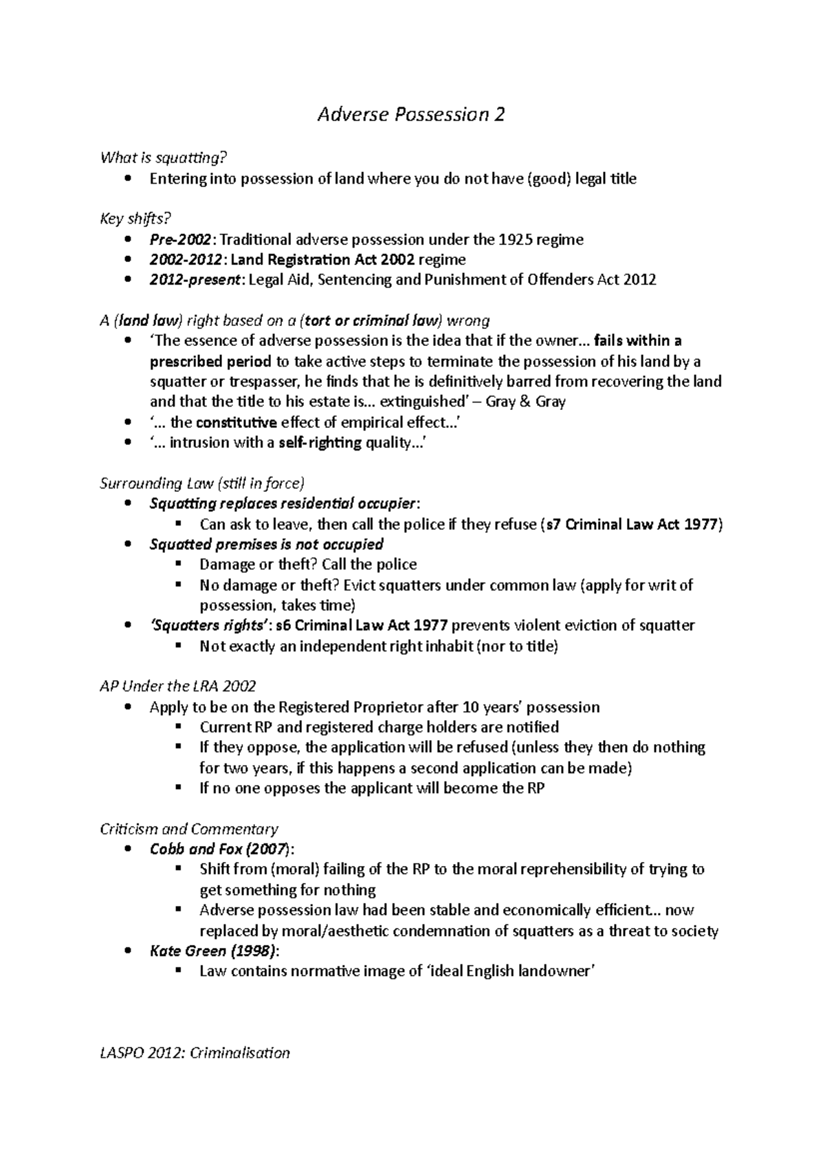 Adverse Possession 2 - Lecture notes Week 2 - Adverse Possession 2 What ...