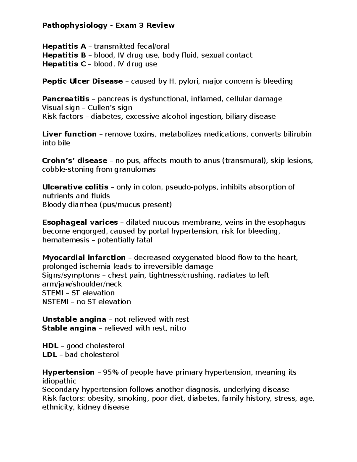 Patho Exam 3 Review - Hepatitis A – transmitted fecal/oral Hepatitis B ...