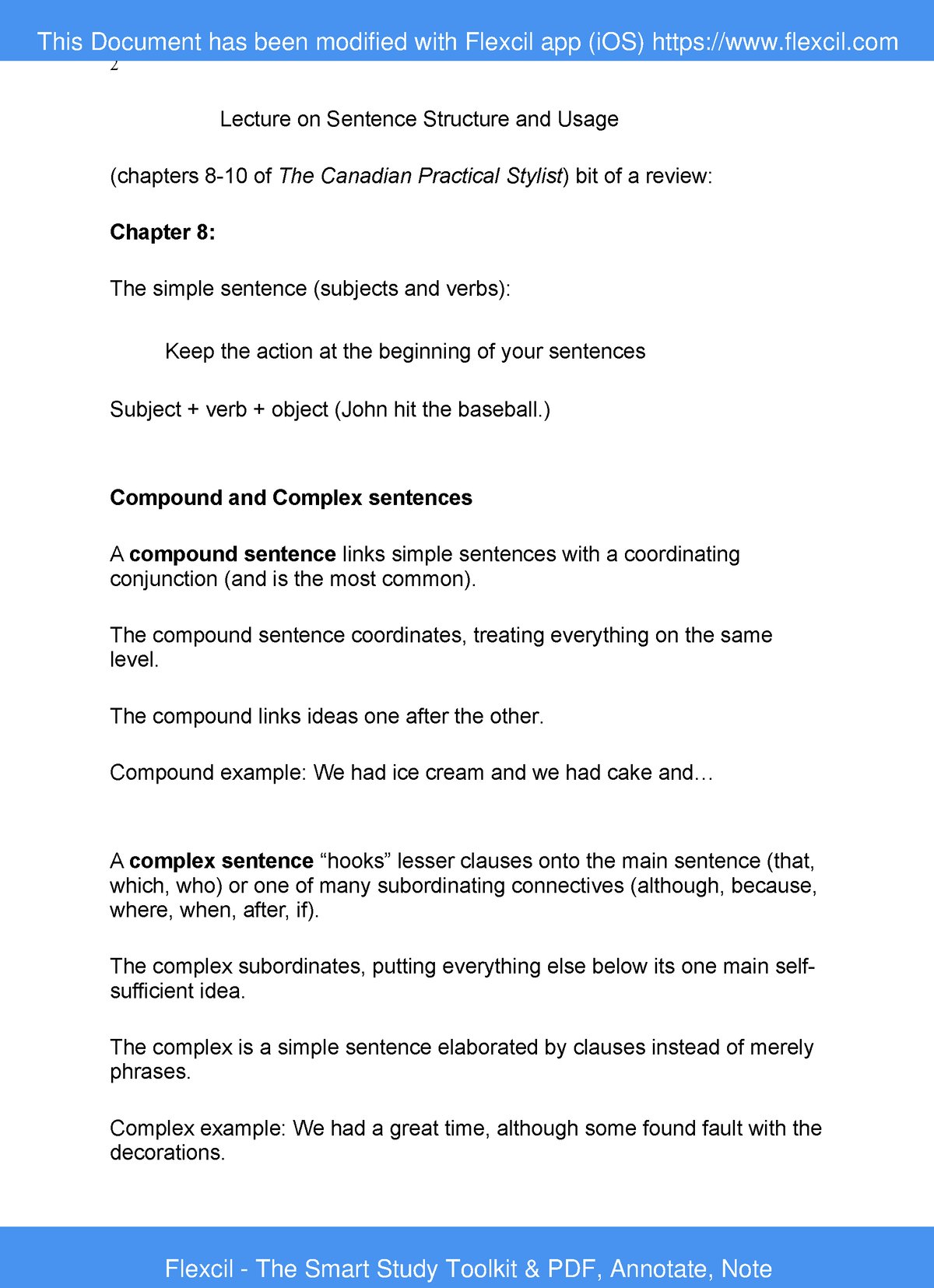 Lecture 9 (notes) - 2 Lecture on Sentence Structure and Usage (chapters ...