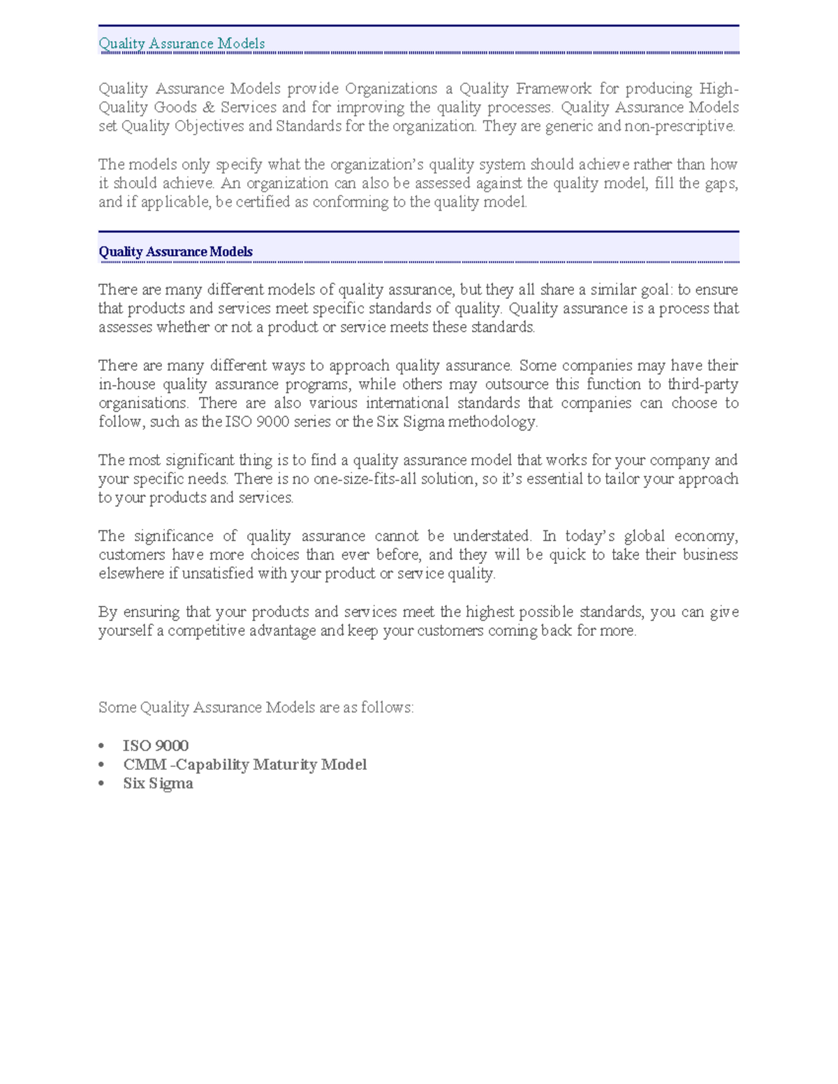 Uunit 5 - software testing - Quality Assurance Models Quality Assurance ...