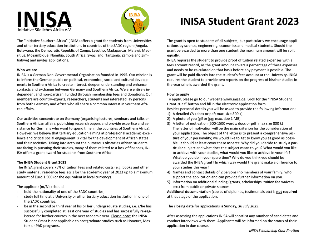 Inisa Student Grant flyer 2023 INISA Student Grant 2023 The