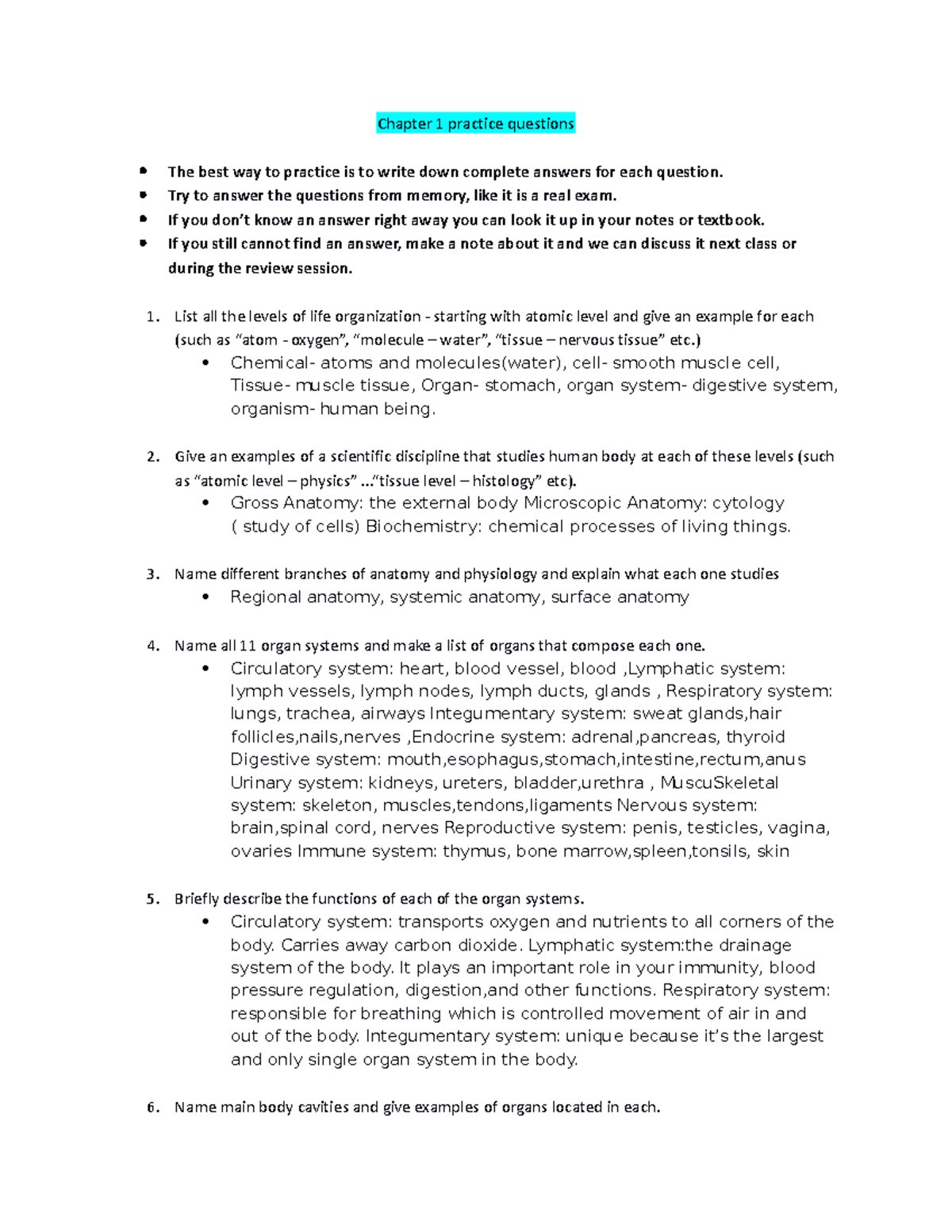 BIO2401 Ch1 Intro Study Guide-F23 - Chapter 1 Practice Questions The ...