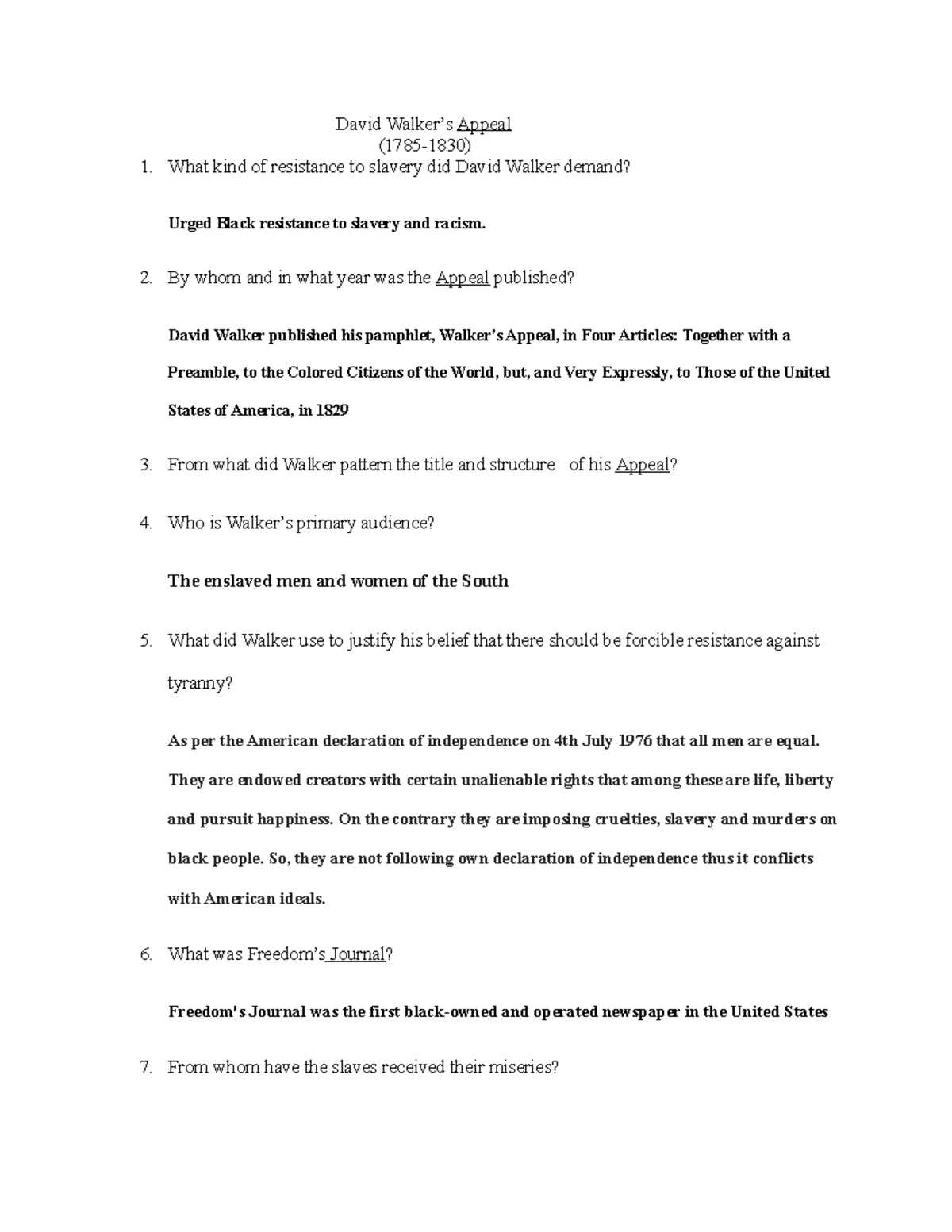 David Walker’s Appeal David Walker’s Appeal (17851830) 1. What kind