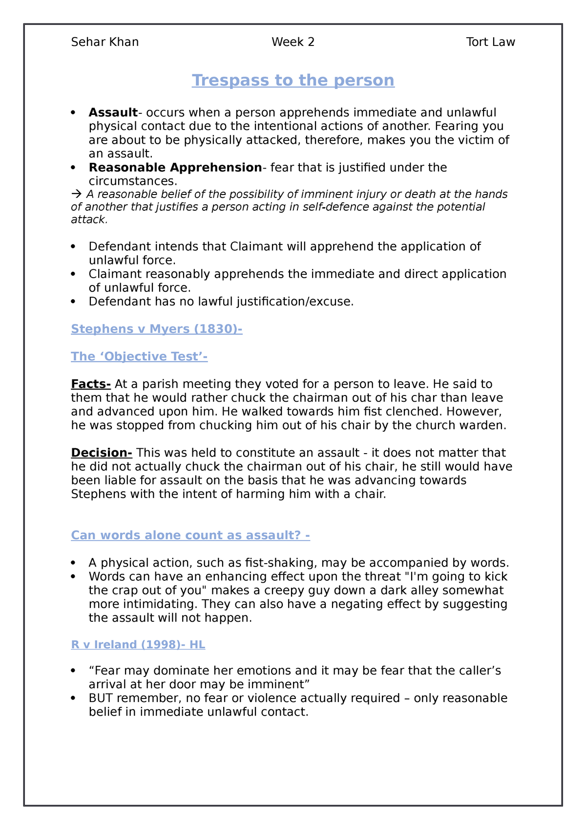 Tort Law notes - revision - Trespass to the person Assault - occurs ...