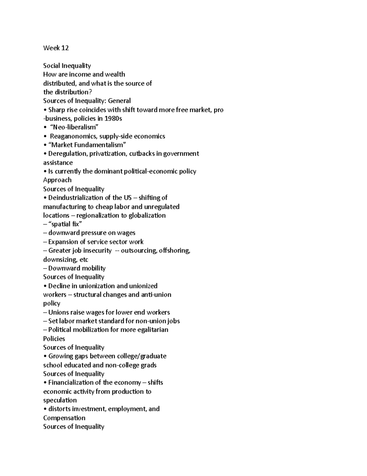 Week 12 - Jaffee Notes - Week 12 Social Inequality How are income and ...