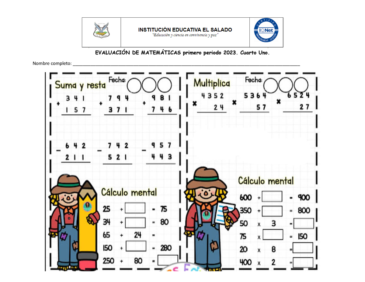 Matemáticas - Matematicas - EVALUACI”N DE MATEM¡TICAS Primero Periodo ...