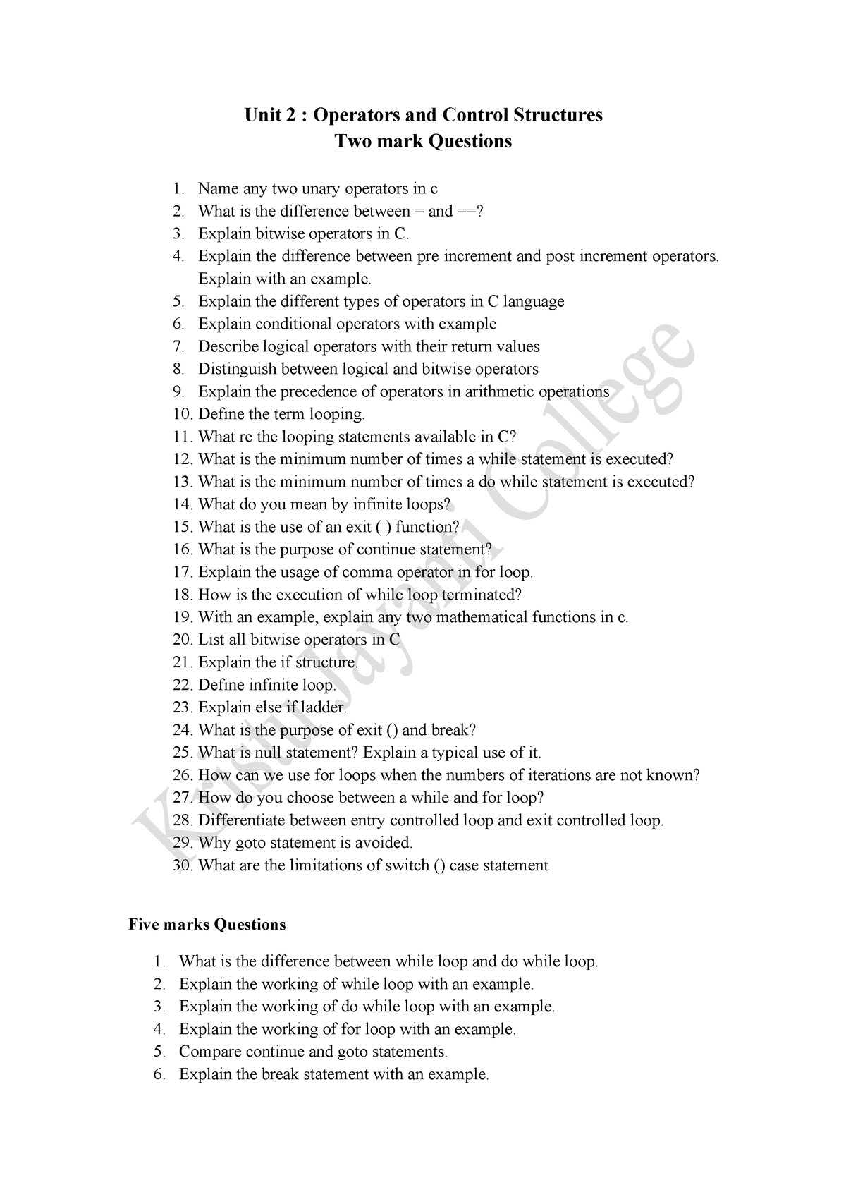 Unit 2 - Question Bank - Study - Unit 2 : Operators And Control ...