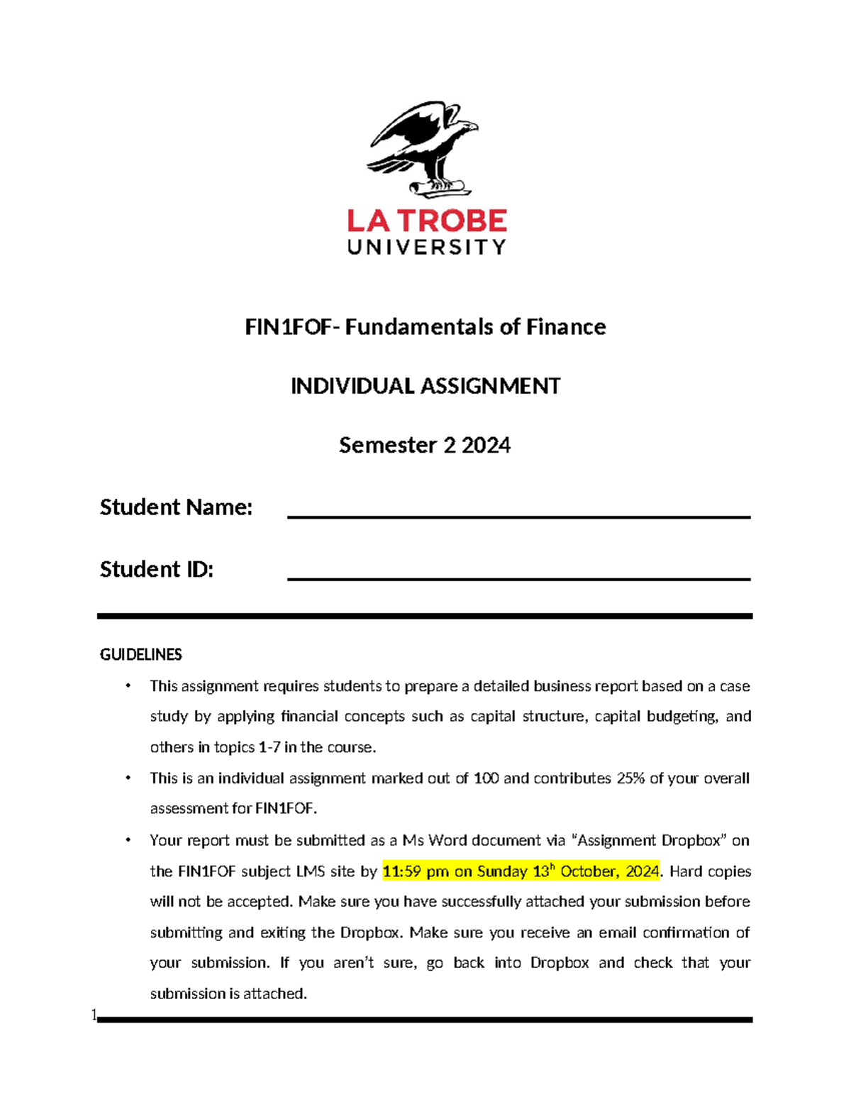 FIN1FOF 2024 S2 assignment - FIN1FOF- Fundamentals of Finance ...