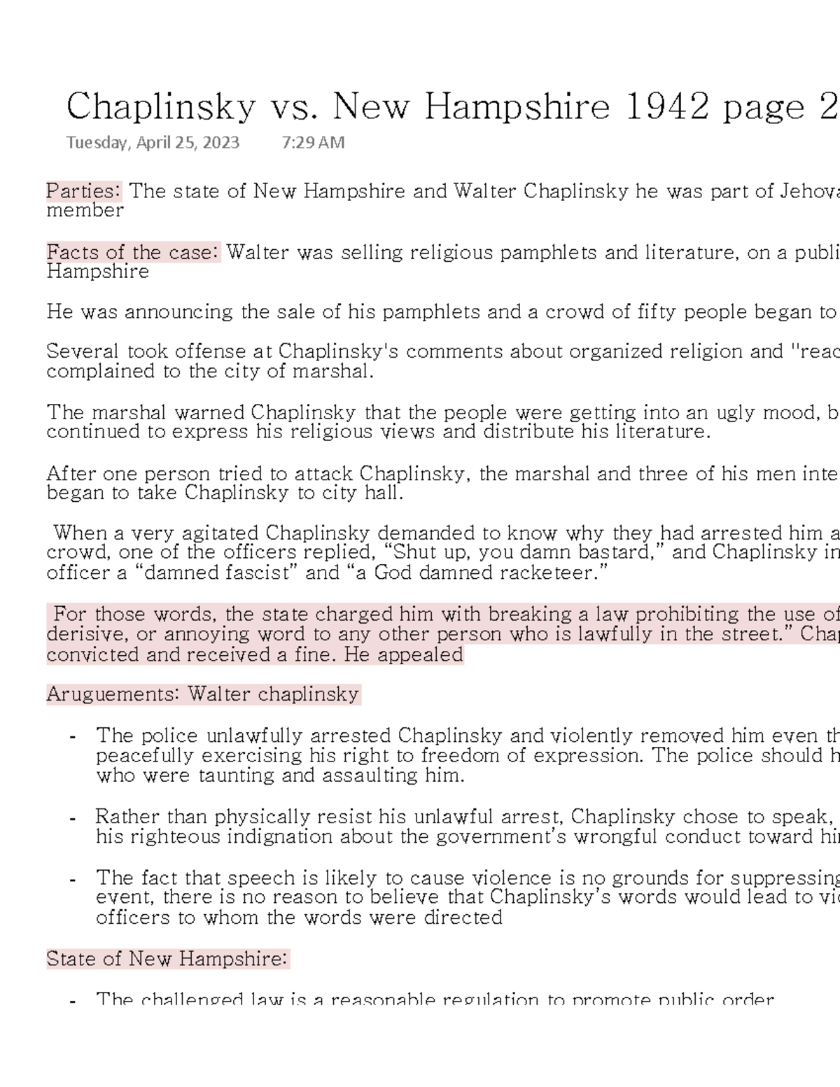 Chaplinsky vs. New Hampshire 1942 page 232 Parties The state of New