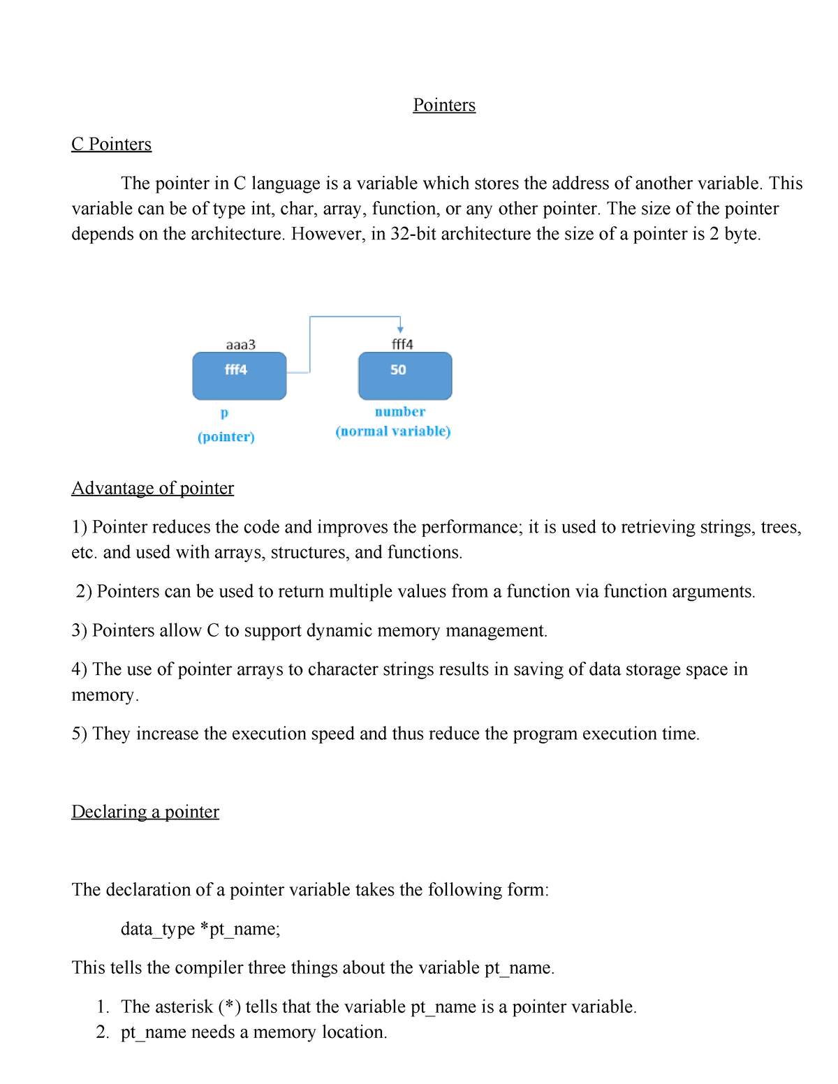 Pointers Notes - Pointers C Pointers The pointer in C language is a ...