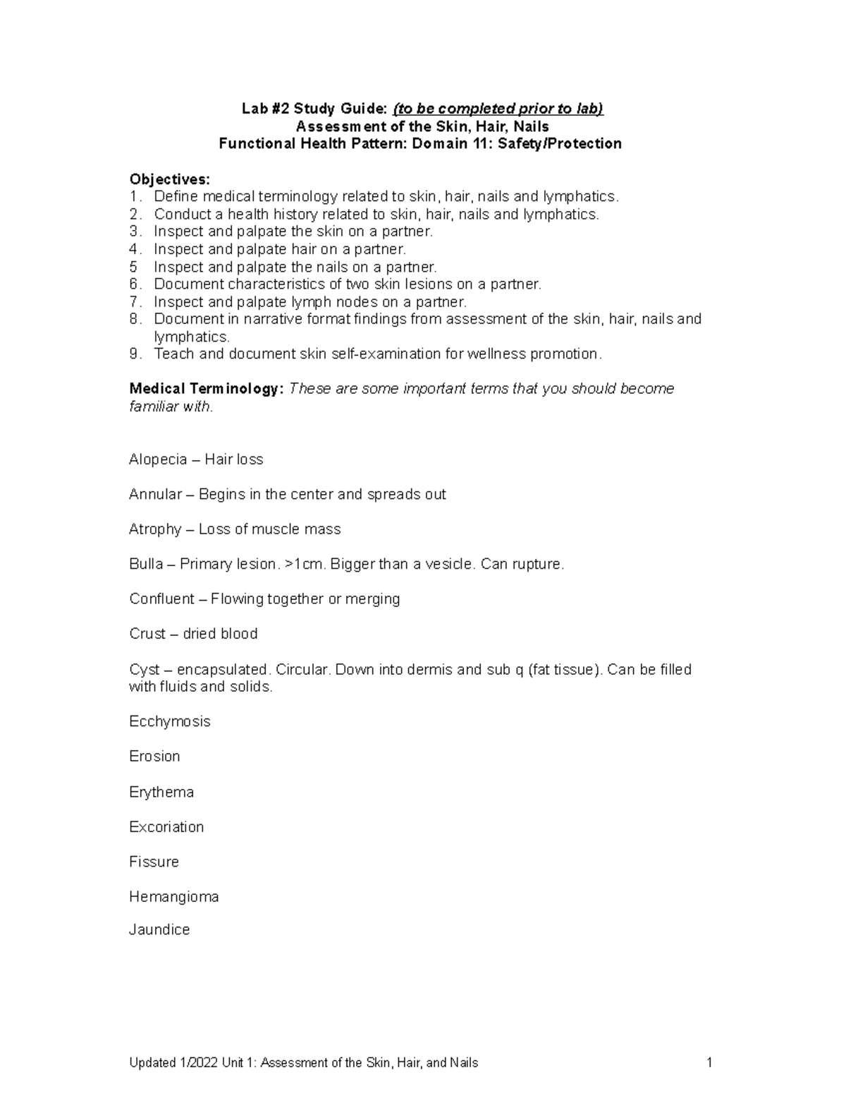 Lab 2 Assessment Of The Skin, Hair And Nails - Lab #2 Study Guide: (to ...