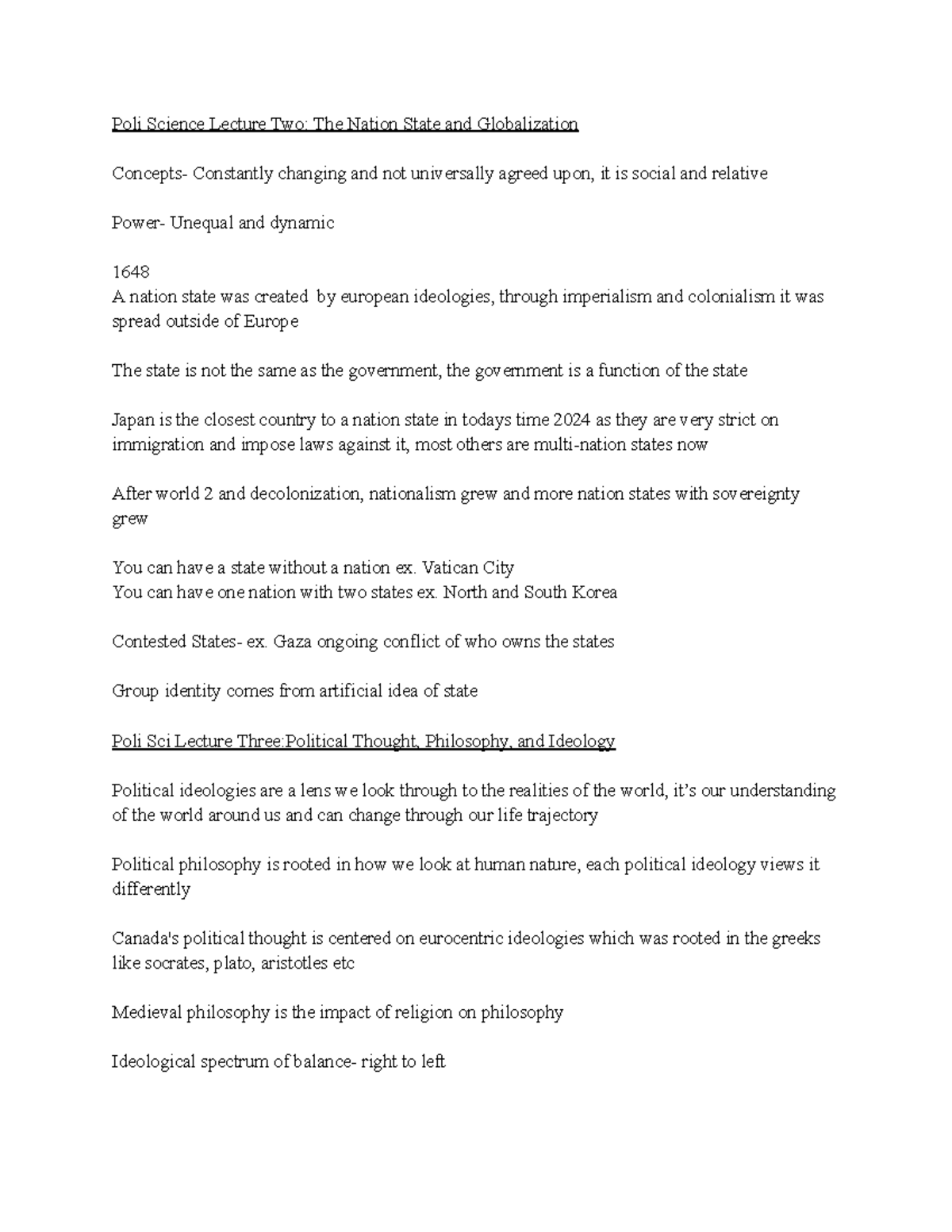 Poli Sci Notes - Poli Science Lecture Two: The Nation State and ...