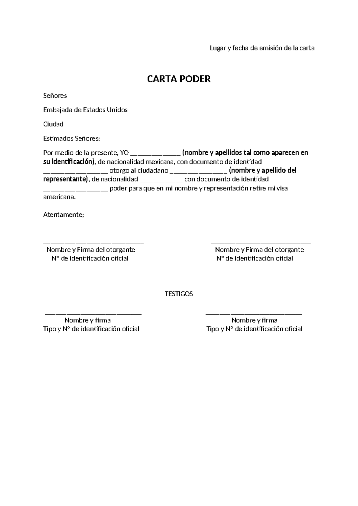 Carta Poder para recoger visa americana - Lugar y fecha de emisión de ...