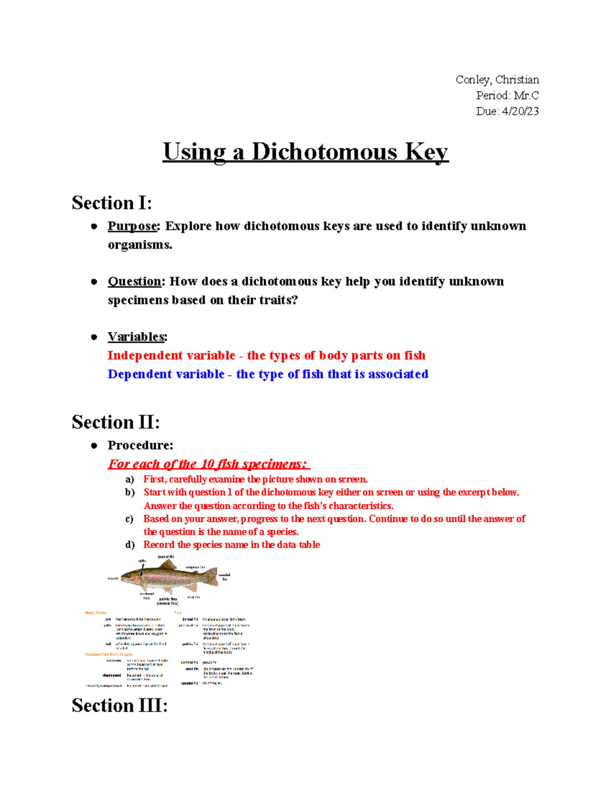 Lab Using a Dichotomous Key - Christian Conley - Conley, Christian ...