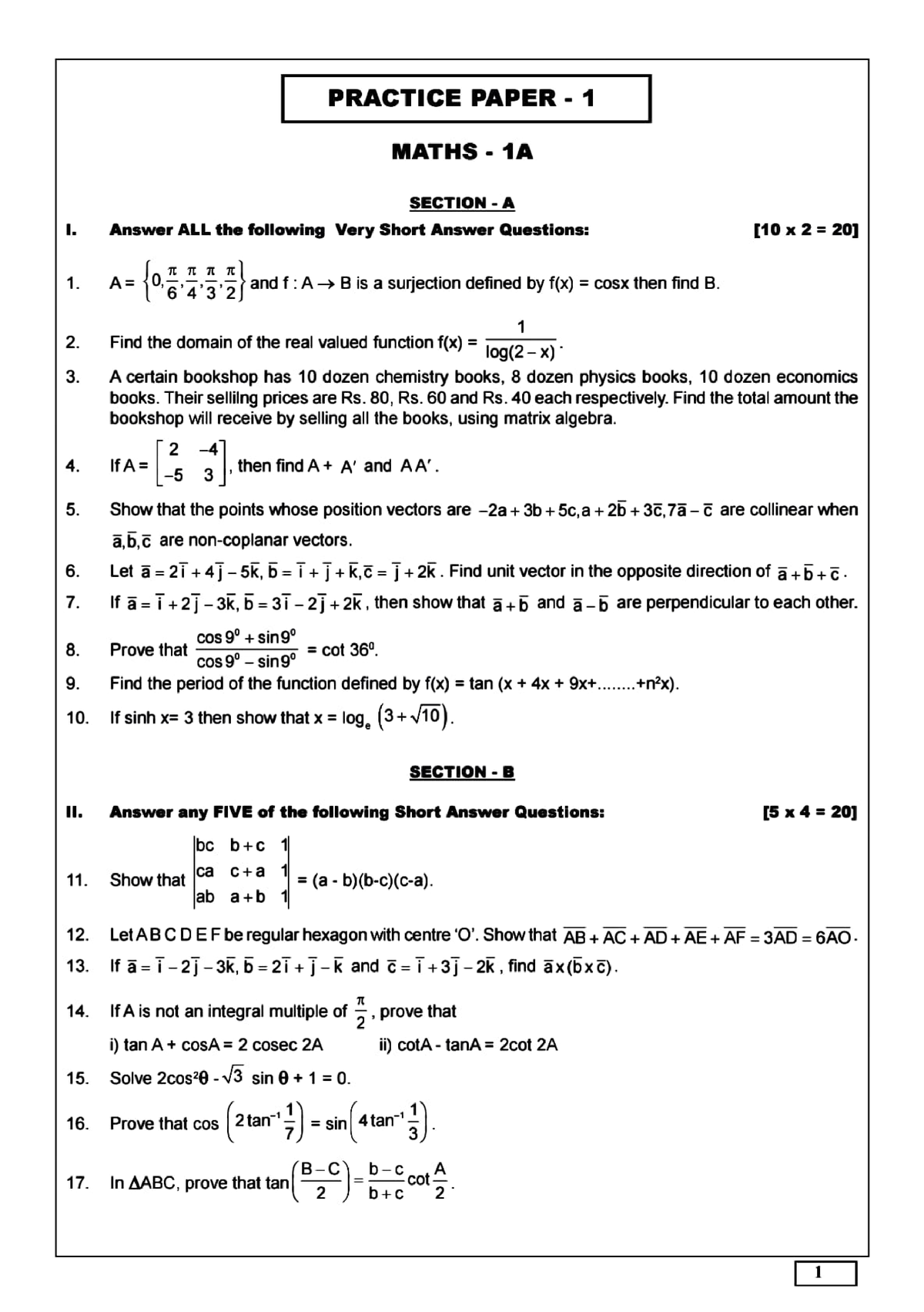 Maths 1A Practice Papers - PRACTICE !PAPER • 1 MATHS-1A SECTION-A I ...