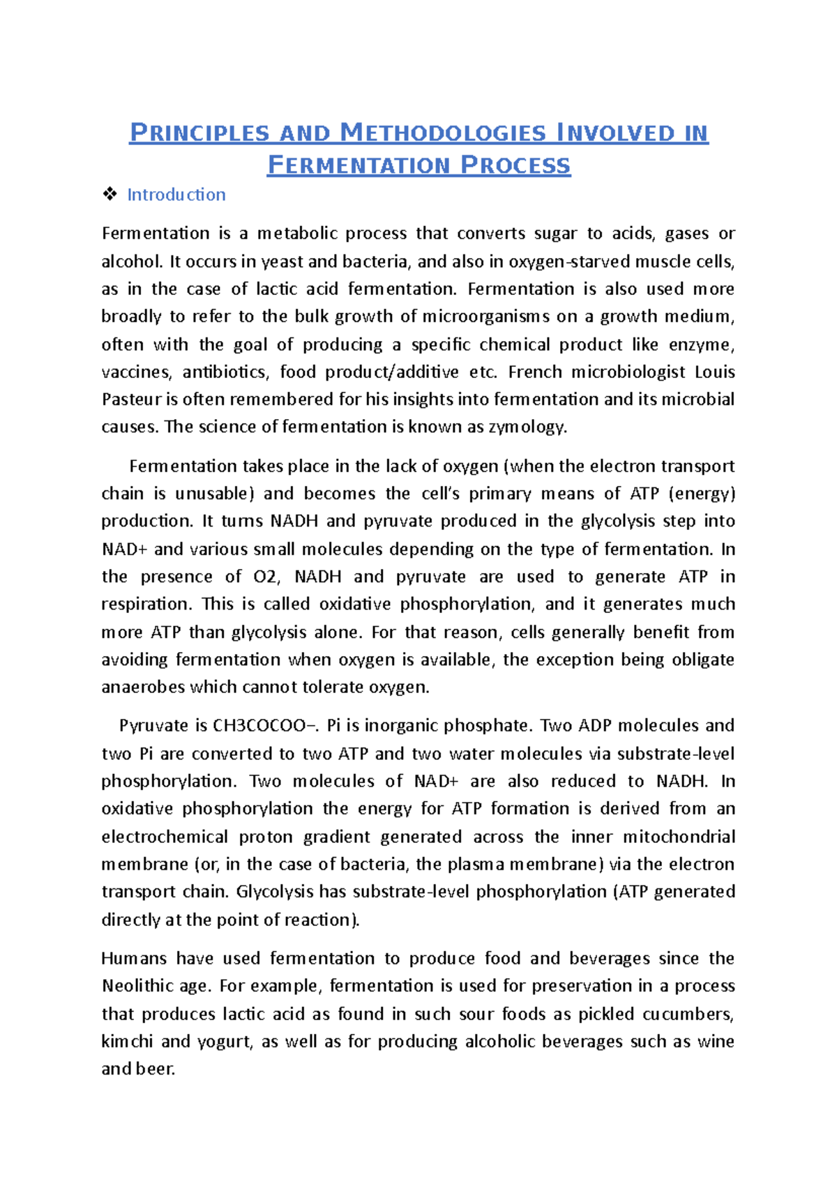 Note on Principles and methodologies involved in fermentation process