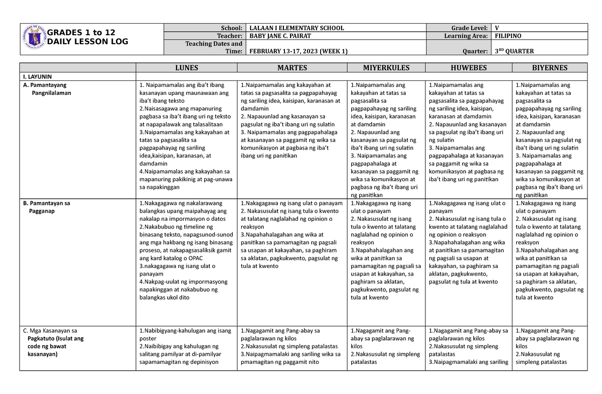 Filipino Q3 W1 - DLL - GRADES 1 To 12 DAILY LESSON LOG School: LALAAN I ...