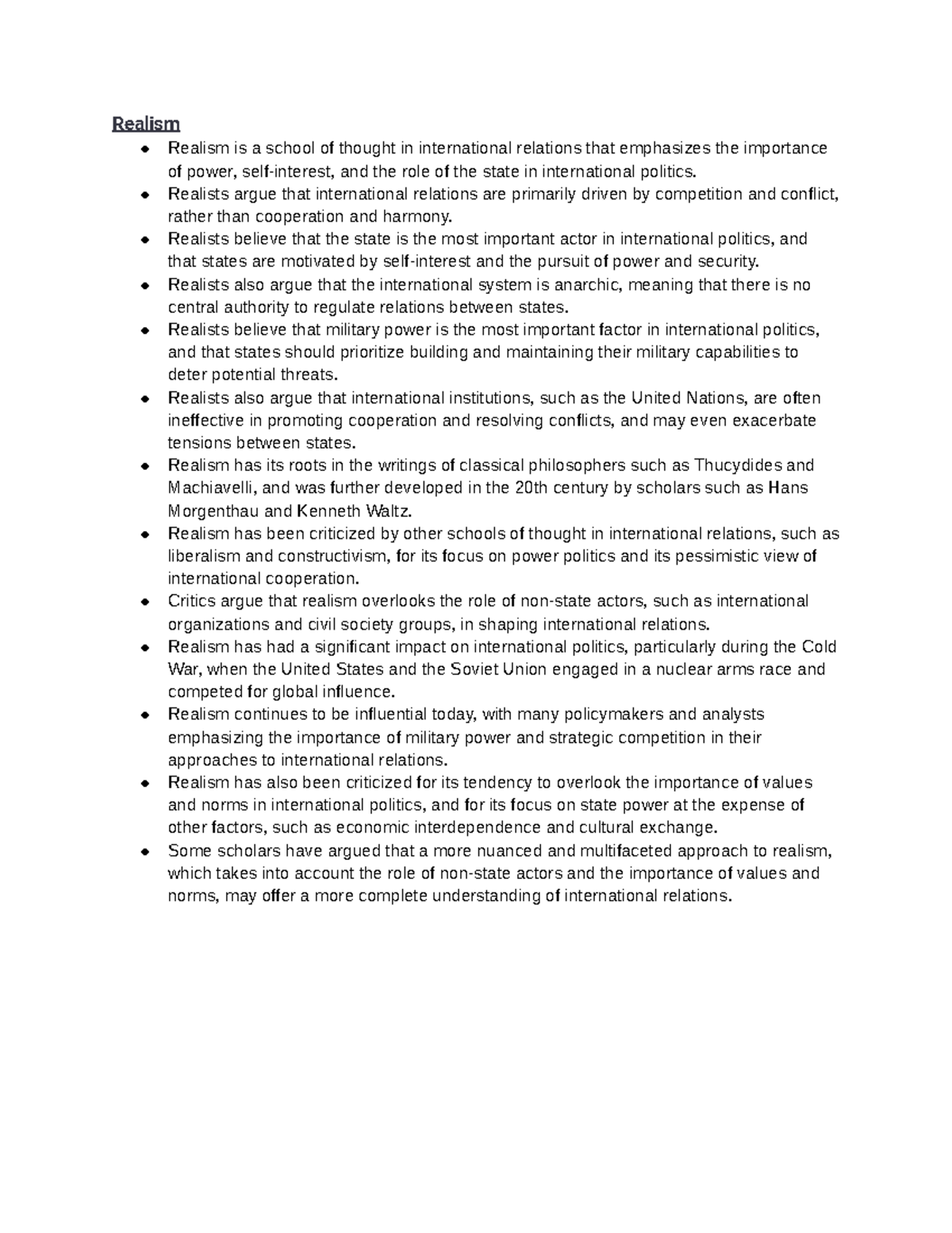 Realism notes from lecture - Realism Realism is a school of thought in ...