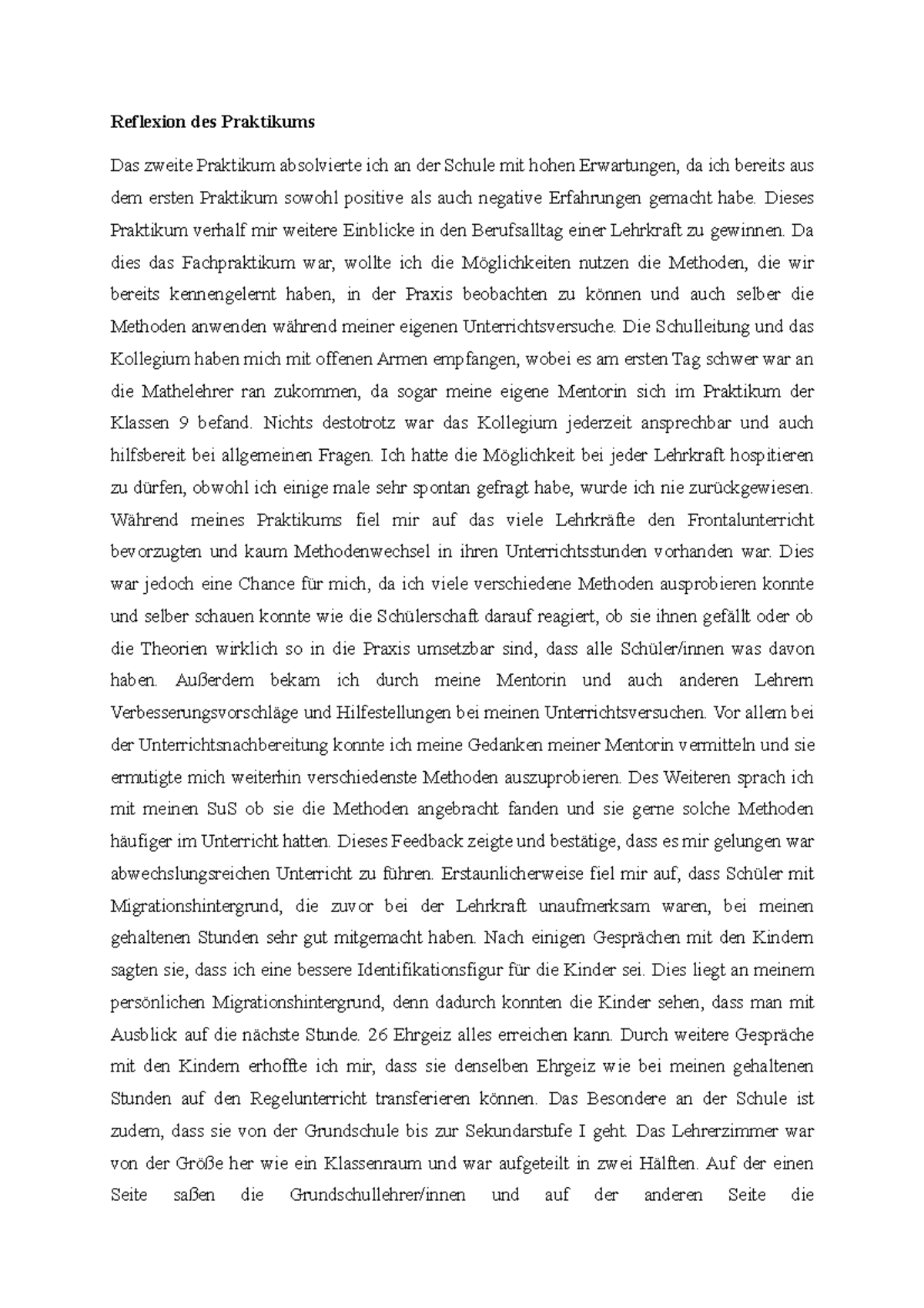 Wie Schreibe Ich Eine Reflexion Reflexion des Praktikums - Dieses Praktikum verhalf mir weitere
