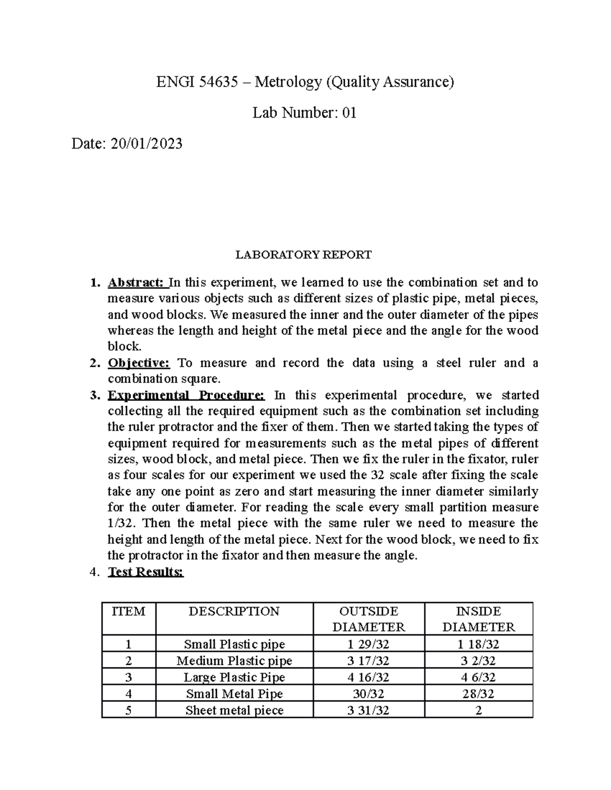 Lab Report 1 use of combination set ENGI 54635 Metrology (Quality