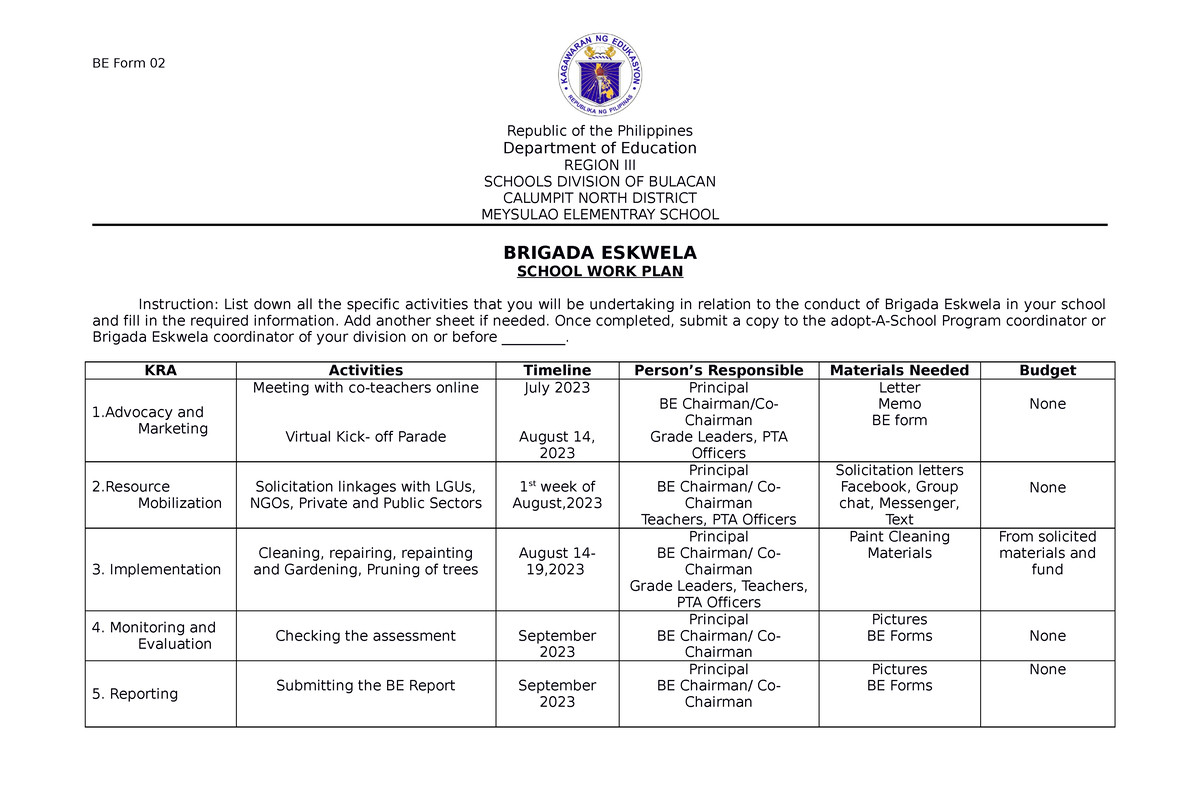 Beform 2 - Be Form 02 Republic Of The Philippines Department Of 