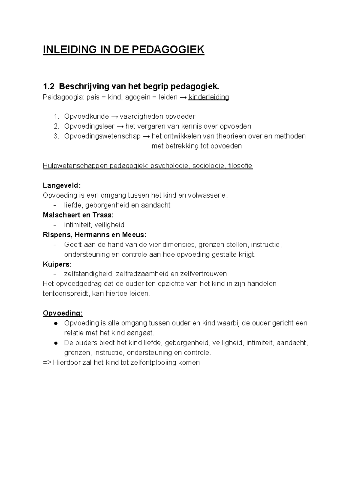 Inleiding In De Pedagogiek - INLEIDING IN DE PEDAGOGIEK 1 Beschrijving ...