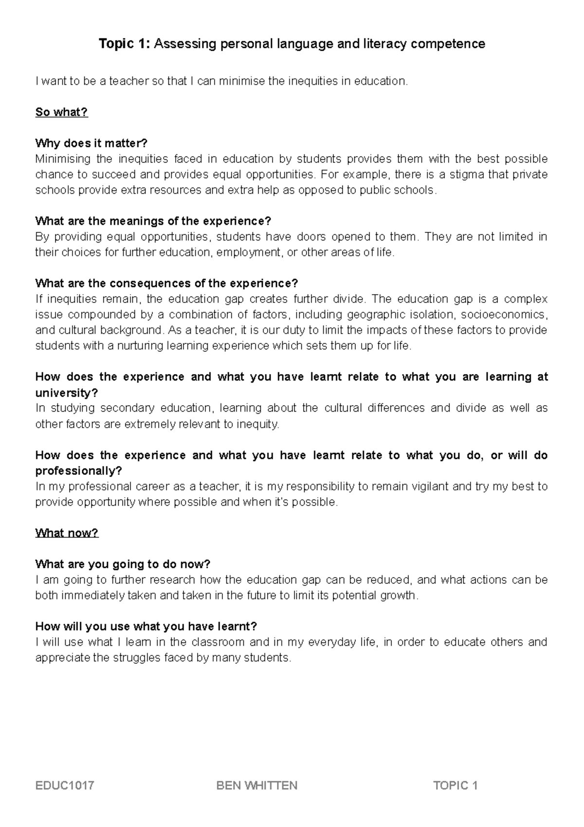 EDUC1017 Topic 1 - Topic 1: Assessing personal language and literacy ...