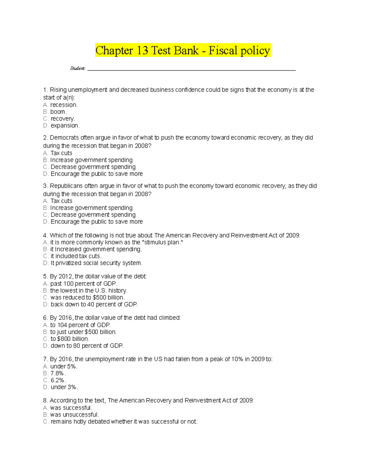 Chapter 13 Question Fiscal Policy Macroeconomics Multiple Choice ...