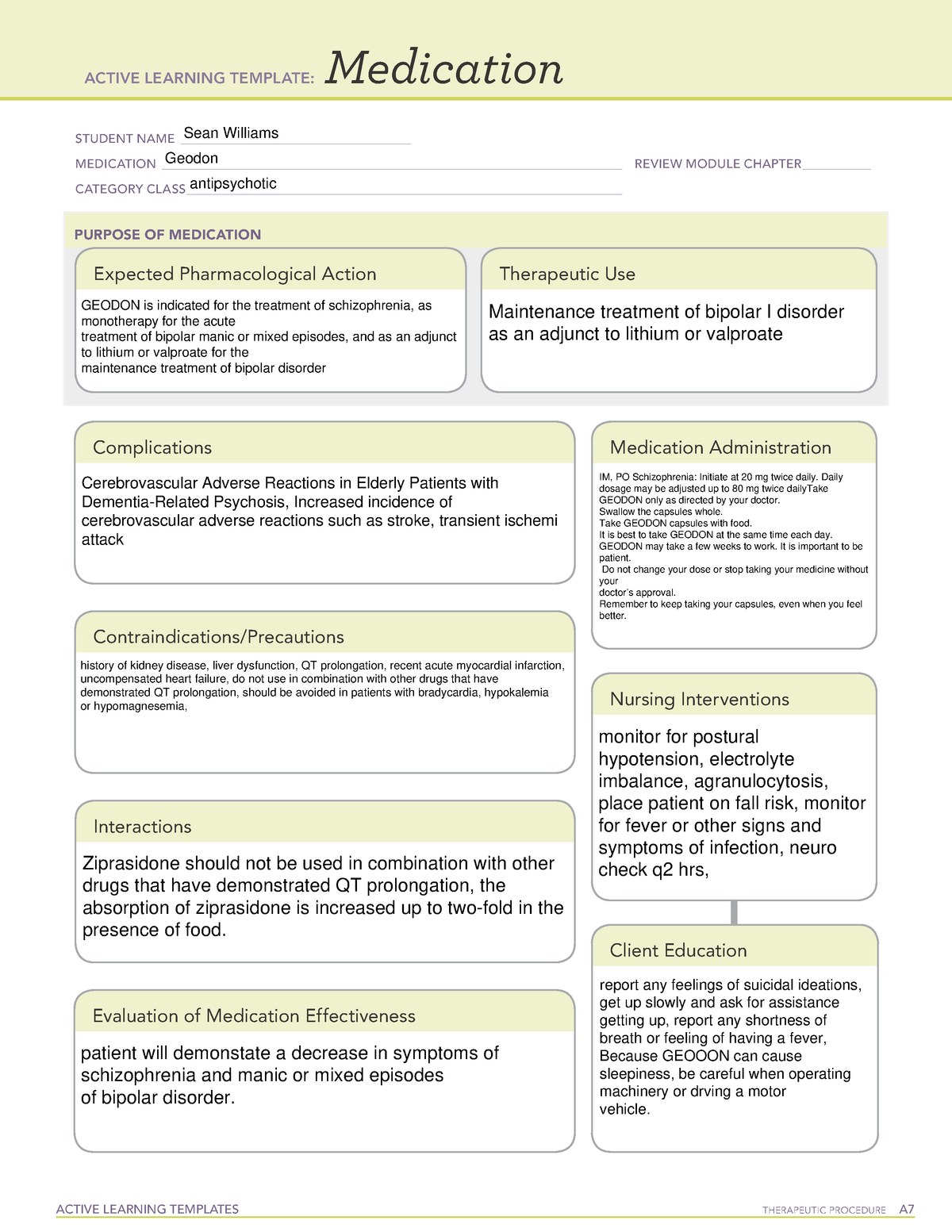 ATI Medication Template Geodon ACTIVE LEARNING TEMPLATES THERAPEUTIC