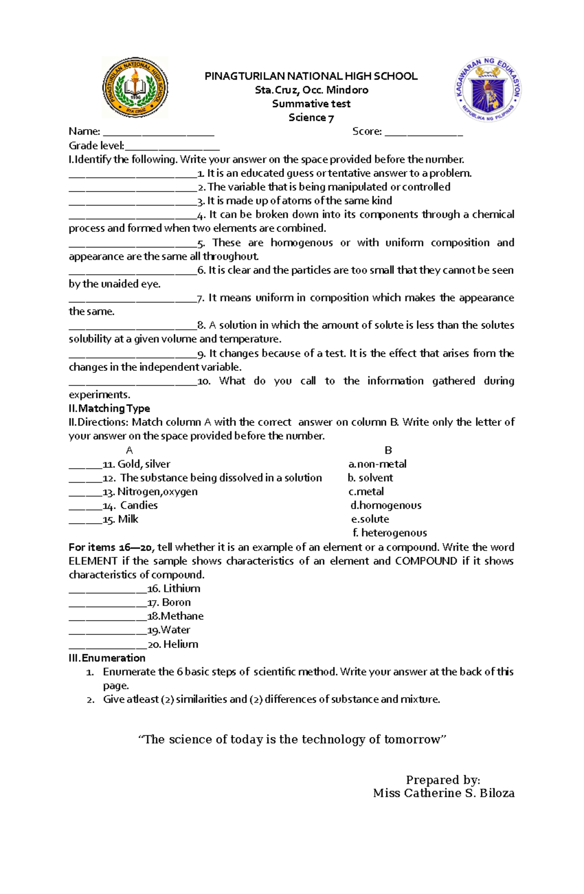 Summative in science 7 - none - PINAGTURILAN NATIONAL HIGH SCHOOL Sta ...