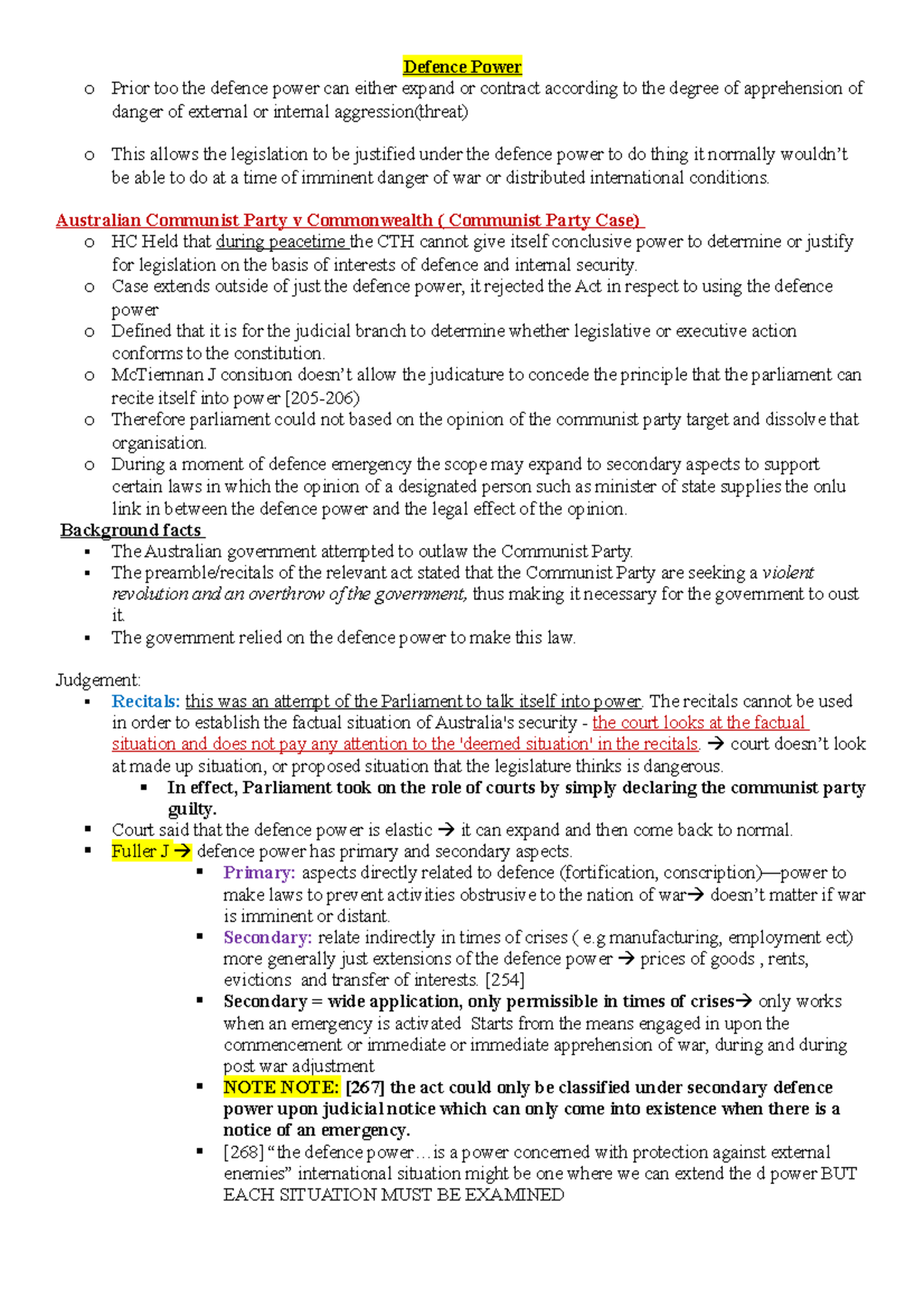 Exam Prep notes- Laws2202 - Defence Power o Prior too the defence power ...