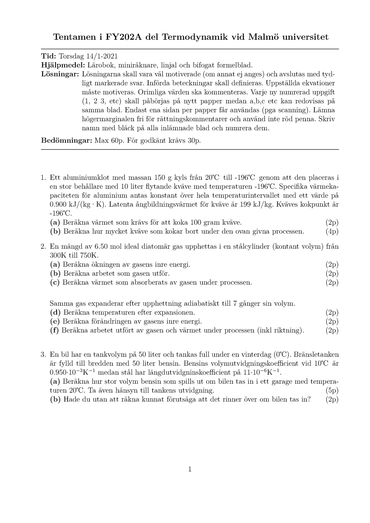 FY202A Tenta 210114 - Tentamen I FY202A Del Termodynamik Vid Malmö ...