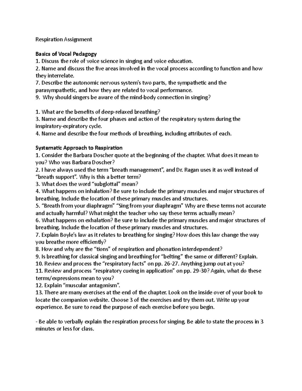 Respiration Assignment - Respiration Assignment Basics of Vocal ...