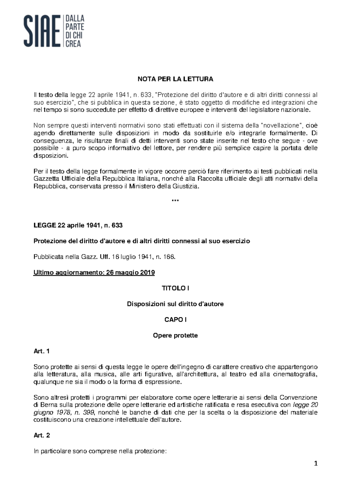 Legge Sul Diritto D'autore - NOTA PER LA LETTURA Il Testo Della Legge ...