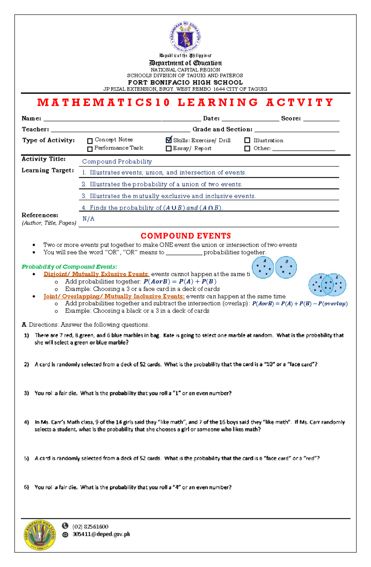 Worksheet-IN- Probability - Republic of the Philippines Department of ...